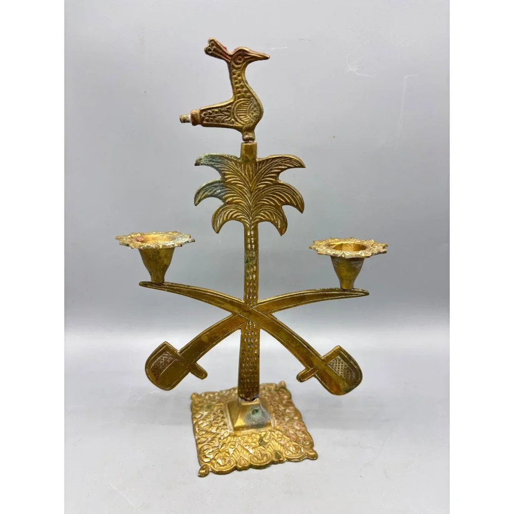 Ashfa Crafts Vintage Brass Candle Holder Palm Tree Crossed Swords